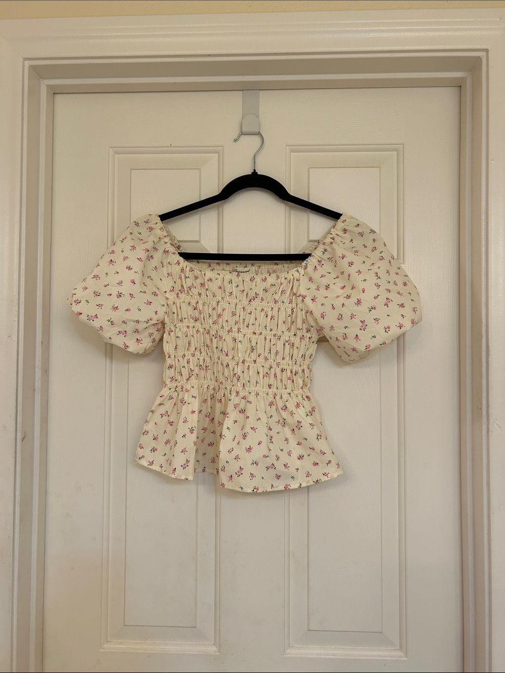 Passport Cotton Blend Cream Puff-Sleeve Smocked Peplum Top with Pink Floral - Picture 2 of 6